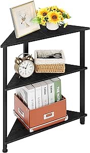 3 Tier Corner Shelf, Triangle End/Side Table, Corner Nightstand, Corner Bookshelf with Metal Frame Corner Shelf Stand for Small Space Living Room(Black)