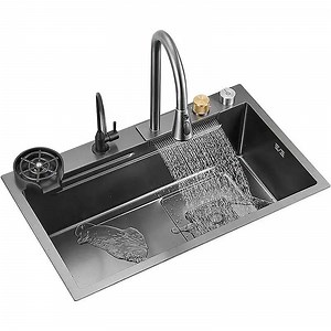 [Hot Item] Complete Whole Set Waterfall Kitchen Sink Stainless Steel Sinks Big Single Bowl with Dish Rack Under Mount Sinks