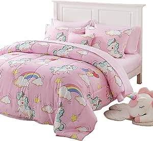 Colorful Unicorn Comforter Set Rainbow Pink Bed Set Stars Rainbow Clouds Pink Unicorn Girls Bedroom Set Pink Queen Bed in a Bag with Comforter and Sheet Set