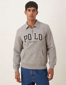 Polo Ralph Lauren – Sweatshirt in meliertem Dunkelgrau mit halblangem Reißverschluss und großem College-Logo-Schriftzug | ASOS