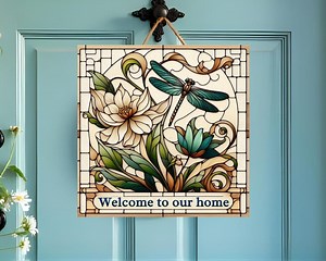 WELCOME SQUARE DOOR Hanger, Wreath Sign Png, for Sublimation High Resolution, Dragonfly Floral Stained Glass Square Cutting Board, Digital - Etsy Canada