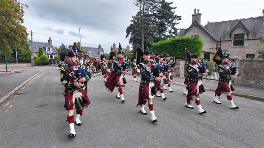 The Royal Guard of Balaklava Company, 5th Battalion of the Royal Regiment of Scotland, marching back to barracks in Ballater, Scotland, on Monday 19th August 2024. The march was led by The Pipes and Drums of The Royal Corps of Signals, who were playing Cock o' the North. Following the Pipes and Drums were the The Band of The Royal Regiment of Scotland, then the Shetland pony, Corporal Cruachan IV, mascot of The Royal Regiment of Scotland. Balaklava Company were under the command of Major Neil Ca