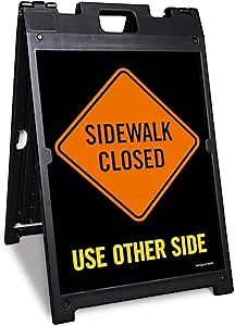 SmartSign 24 x 18 inch “Sidewalk Closed, Please Use Other Side” Two-Sided BabyBoss A-Frame Sign Kit, Plastic, Black, Orange and Yellow (1 A-Frame + 2 Sign Panels), Made in USA