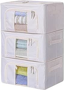 Iron Wire Storage Bags | Beige, Small, Pack of 3 (48.51 lbs) | Storage for Under Bed, Blanket Storage Bags with Zipper, Clothing Bags Storage, Soft Storage Bins, Bedding Organizer, Under Bed Bin