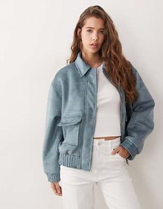 Miss Selfridge faux suede bomber jacket in soft blue | ASOS