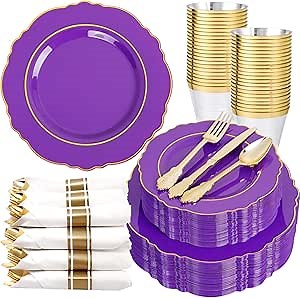 350PCS Purple Plastic Plates-Disposable Purple and Gold Plates 50 guest Baroque Plastic Dinnerware include 100Plates,50Pack Pre Rolled Napkins with Silverware 50Cups for Wedding & Party