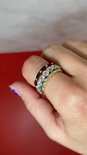 Adding a pop of ruby, a touch of gold, and all the diamonds for the ultimate stack #LuxuryLayers #RingStacking #DiamondStack #customstack #jewelrydesign #customjeweler #monmouthcountynj #coltsnecknj #jvincent #jvincentjewelers #jvincentdesigns itsjvb #jvincentteam #jvincentfamily | J. Vincent Jewelers