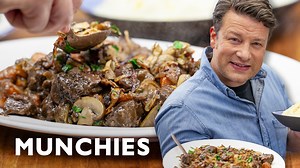 Celebrity chef & bestselling author Jamie Oliver upgrades the French favorite by braising tender beef cheeks in a luxurious gravy, then tossing them with crispy bacon and savory mushrooms #beefbourguignon #jamieoliver #frenchfood #cookmunchies #dinner | How-To