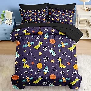 Comforter Set Full Size, Space Astronaut Dinosaur 7 Pcs Bedding for Kids and Adults, Dino Planet Bed Sheet Sets with Fitted Sheet 2 Pillowcases & 2 Shams for Bedroom Bed Decor