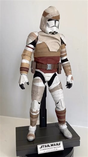 HOT TOYS COMMANDER MAYDAY. A rather unique Clone Trooper character design that looks simple but is actually so much more complex than I initially realisedIt took me a few days of research and trialing many different fabrics, dyes, glue and even sealing of the edges to ensure they didn’t fray. All that and then realising the lighting in the Bad Batch for that episode is so bad that the colours for all his wraps look different in each scene 😂In the end it came down to what I felt looked best and 