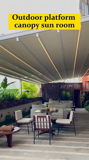 2.9K views · 30 reactions | Outdoor platform canopy sunroom.#customgate #gazebo #awing #Sunroom #housegate #aluminumgates #gate #fyp #foryou #foryoupage #viral #Motorizedpergola #LouveredRoofs #StayDry #StayCool #HurricaneResistant #Strong #Durable #highquality #Customization #BreslowHomeDesign #OutdoorLiving #UpgradeYourSpace #belmondhotelcipriani #garden #anthurium #grapevines #pink #stripes #venice | Chinawindoors | Facebook