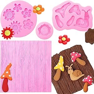 Snail Mushroom Silicone Mold, Tree Bark Stump Fondant Molds, Forest Theme Flower Chocolate Baking Mold for Cake Decoration Cupcake Topper Candy