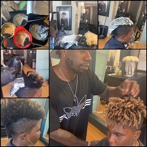 #BeforeandAfter with Blonde, Honey, and cinnamon infusion . Worked back to back panels of foils for the lift and the same for the toning except did a color melt at the base wit 6/7 ( Burnett) and 3 different mid shaft tones of blonde (12/0 12/18),( 9/97 10/0) , (7/86 10/0). I also stroked in some of the base formula on some of the midshaft sections creating a beautiful kaleidoscope of cool natural tones that complimented each other in the top. Manipulated the texture with finger coiling to give 