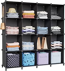 SIMPDIY Storage Modular Cubes 16 Cubes Black (124x124x30cm) Plastic Portable Organizer Bookshelf Shelf Rack