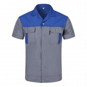 [Hot Item] Repairman Auto Mechanics Cotton Industrial Work Uniform with Chest Pocket Custom Logo Short Sleeve 2 Color Combined Work Shirts for Men