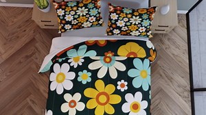 Vintage Floral Full Size Comforter Set,Colorful Flowers 80s Retro Hippie Bedding Comforters Bedroom Collection,Groovy Abstract Geometric Bedding Set for Girls Teens