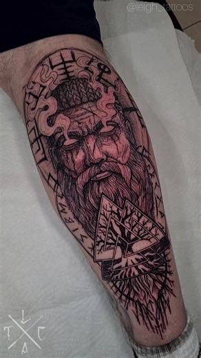 Viking themed calf tattoo with Odin's symbol and yggdrasil tree #tattoo #calftattoo #vikingtattoo #norse #viking