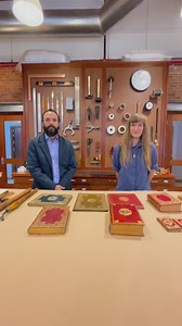 Lydia Aikenhead, Pine Tree Foundation Fellow, and Frank Trujillo, Drue Heinz Book Conservator, demonstrate the process of gold tooling on leather bindings in the tradition of 18th century French bindings on view in "Bound for Versailles: The Jayne Wrightsman Bookbindings Collection." | The Morgan Library & Museum