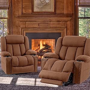 Large Power Lift Chairs Recliners for Elderly with Extended Footrest, Lift Chairs with Heat and Massage, Overstuffed Wide Recliner, Remote Control, (Imitation Linen - Reddish Brown - Set of 2)