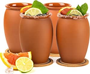 4-Pack 16oz Cantaritos de Barro | Mexican Cocktail Glass with Cork Coasters | Handmade Terracotta Fire Clay | Mexican Fiesta Tequila Mojitos Margaritas Jarritos de Barro Mexicanos Taco Tuesdays
