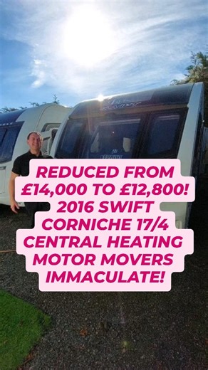 Just reduced from £14,000 to £12,800!! 2016 Swift Corniche 17/4 4 berth Large end Washroom/changing room Side Dinette/bunk bed conversion Luxurious interior Alde central heating and hot water system ATC anti snaking system Motor movers IMMACULATE CONDITION 3 months warranty that could be extended to 12 months No damp Swift wood free construction Clear Cris check Fully serviced by us to National Caravan Council Standards Finance available up to a 10 year term Part exchange welcome For more info p