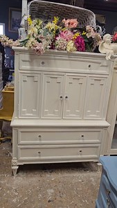 Cottage white dresser with doors. Pretty glass knobs. Drawers inside as well. $475 #cottagewhitedresser #shabbychicwhitedresser | The Garage & The Garage Girls - Antiques, Suffern, NY
