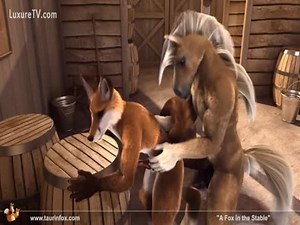 Large cartoon stallion slamming a petite toon fox in this animated video