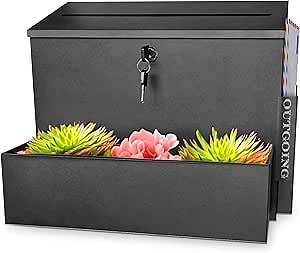 Wall-Mounted Locking Mailbox, Decor Shelf & Outgoing Mail Slot, Large Capacity Galvanized Steel Mailbox for Outside, Black