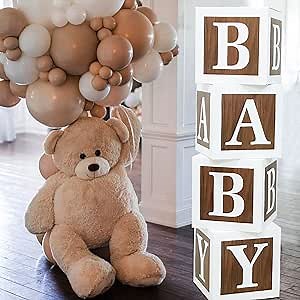 Teddy Bear Baby Shower Boxes for Birthday Party Decorations,4 Brown Baby Shower Blocks with BABY Letter, Baby Balloon Boxes for Boys Girls Baby Shower Decorations Gender Reveal Birthday Party Backdrop
