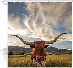 Longhorn Cow Shower Curtains for Bathroom, Texas Longhorn Steer in Rural Utah USA Bath Curtains Farm Animals, Cattle Fabric Shower Curtains for Bathroom 69X70 in Bath Accessories with 12PCS Hooks