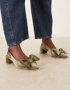 ASOS DESIGN Wide Fit Symbol bow slingback mid block heeled shoes in sage green velvet | ASOS