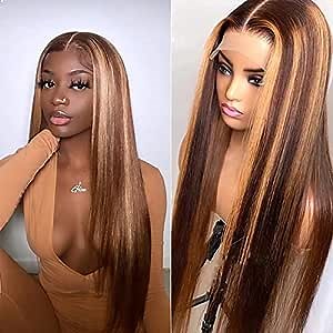 Ombre Straight Lace Front Wigs for Black Women Ombre Human Hair Bob Wigs Ombre 4/27 Lace Front Wigs Pre Plucked with Baby Hair 14 Inch 150% Density