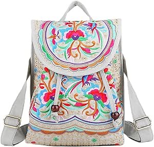 Goodhan Vintage Embroidered Backpack Purses for Women - Boho Shoulder Bag for Travel,Ethnic Floral Mini Back Pack,Lightweight Handbags for Daily Use (Grey-Red)