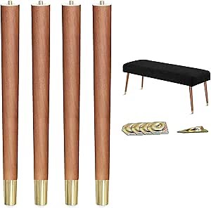 Mid Century Table Legs,16'' Angled Tapered Solid Wood Table Legs for Stool Bench,Legs for Furniture Set of 4 with Gold Metal Edge Mounting Plates