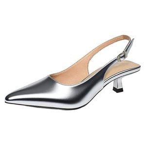 [Hot Item] Women Pumps Pointed Toe Low Heel Slingback Heels Wedding Bridal Silver Shoes