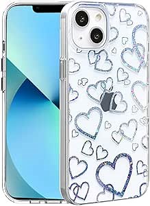 Compatible with iPhone 14 Case Cute Clear with Design Bling Glitter Laser Holographic Heart Sparkle for Women Girls Transparent Soft TPU & Hard PC Shockproof Protective Case for iPhone 14