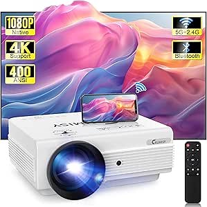Projector with WiFi and Bluetooth, 4K Support Mini Outdoor Projector with HIFI Speakers,FHD Movie Projector with Tripod Outdoor Compatible with HDMI,Laptop,Smartphone,PS5,VGA