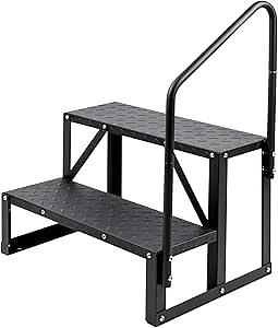RV Steps with Handrail, 2 Steps Outdoor RV Step Ladder, Camper Stair Ladder Portable Stairs for Travel Trailer, Hot tub Steps with handrail Mobile Home Stairs, Matte Black
