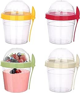 4 Pack of 17 oz Yogurt Parfait Cups With Lids Reusable Crunch Cup Portable Cereal Cup Meal Planning Containers Milk Granola Yoghurt Carrying Container Cereal on the go Lids and Spoons