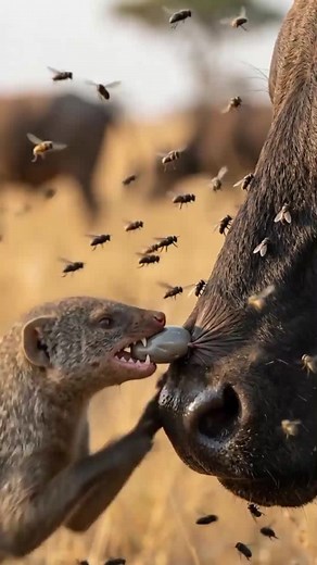 Mongoose Cleans Buffalo: Tiny Cleaner Removes Giant Tick