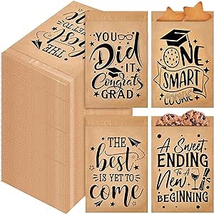 200 Pcs 2025 Graduation Cookie Bags Bulk Self Adhesive Kraft Paper Food Safe & Oilproof Grad One Smart Cookie Gift Bags for Grad Party,Bakery,Coffee Beans,Snacks(Brown)