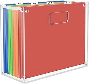 File Organizer Box Acrylic Hanging File Folder Document Storage Boxes for Letter Size, Mobile Clear File Box with Handles Portable for Desktop Office Home