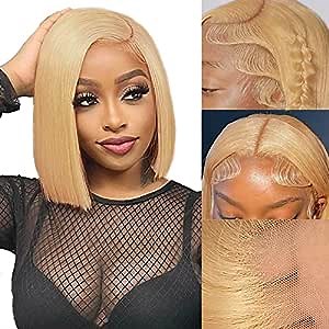 Blonde Bob Lace Front Wigs Human Hair 27# Honey Blonde Bob Wig Human Hair Pre Plucked 13x4 Hd Lace Front Wigs For Women 150% Density Short Straight Bob Wigs Human Hair (27# Blonde Bob Wig 10 Inch)