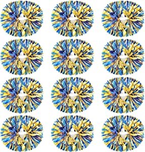 12Pcs Cheerleading Pom Poms with Baton Handle, 13 Inch Metallic Foil Cheer Pom Poms for Kids Adults Team Spirit Sports, Dance, Matches, Carnivals (Blue Gold)