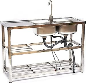 Commercial Stainless Steel Sink,Free Standing Double Bowl Utility Kitchen Sink with Hot and Cold Faucet and Storage Shelves,Restaurant Kitchen Hand Wash Basin Sink Indoor Outdoor