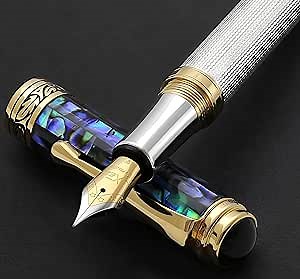 Xezo Maestro Fountain Pen, Fine Nib. Solid 925 Sterling Silver with Blue Pāua Sea Shell and 18 Karat Gold Plating. Handcrafted, Limited Edition, Serialized