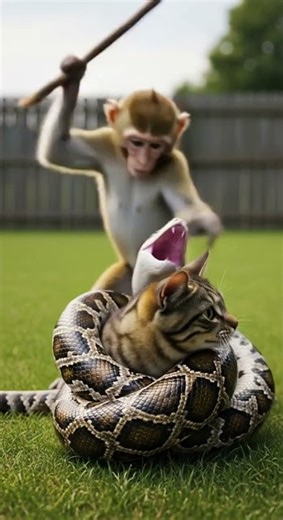 Monkey vs Python: Shocking Kitten Rescue 🐒🐍🐱 Watch the Epic Battle for Kitten's Life
