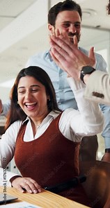Woman, high five and team at office with success, applause or goals at startup media company. People, journalist and support for achievement, motivation or fist pump with clapping at creative agency