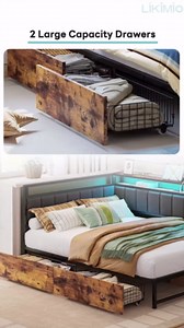 LIKIMIO Corner Bed Frame Full Daybed with Storage Drawers, Metal Platform Bed Frame with LED Light, Charging Station & Fabric Upholstered Fence, Black