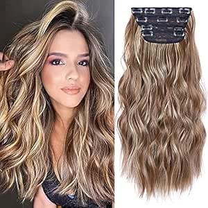 4PCS 20 Inches Hair Extensions Clip in Long Curly Hair Extensions Natural Thick Hair Pieces for Women (Reddish Brown Mixed Ash Blonde)